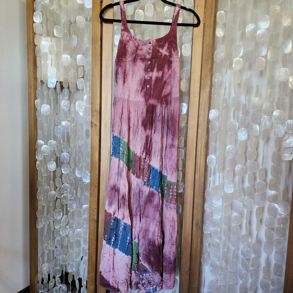 Boho Rayon Tie Dye Maxi Dress Womens S Pink Embroidered Sleeveless Button Front
